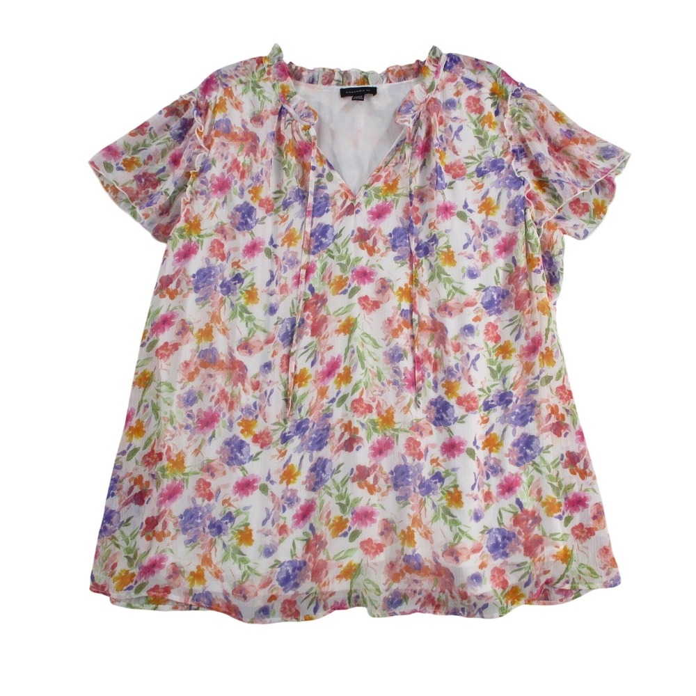 Tamara H Floral Ruffle Split Neck Flutter Sleeve Blouse Top  2X Multicolor
